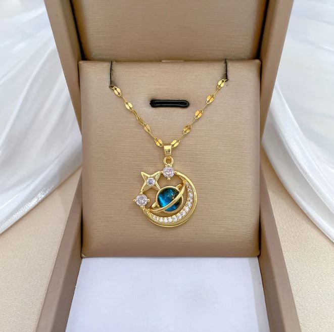 Dream Planet Necklace Stainless Steel Blue Butterfly in a luxurious display box with gold accents.