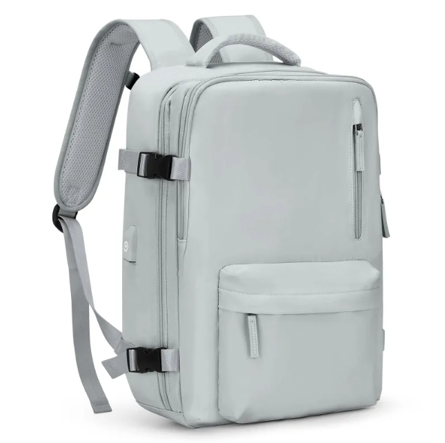 Light gray large-capacity travel backpack with spacious design and adjustable straps.