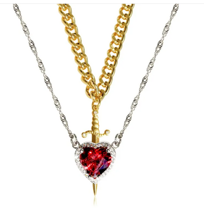 gold heart and sword necklace set with red crystal pendant and silver chain for couples gifts