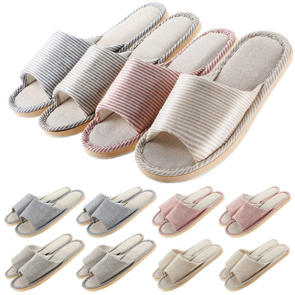 8 pairs of disposable open toe spa slippers in red, beige, navy, and coffee colors for home use.