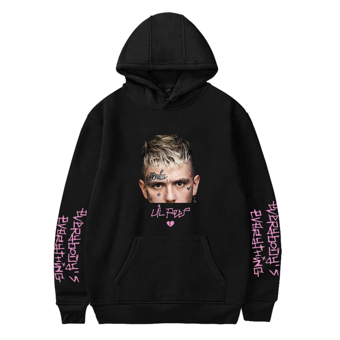 unisex printed hoodie sweatshirt featuring portrait print, black color, hip hop style, ideal for rapper fans.