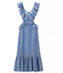 Elegant blue embroidered midi dress with ruffled straps and floral pattern, perfect for casual or special occasions.