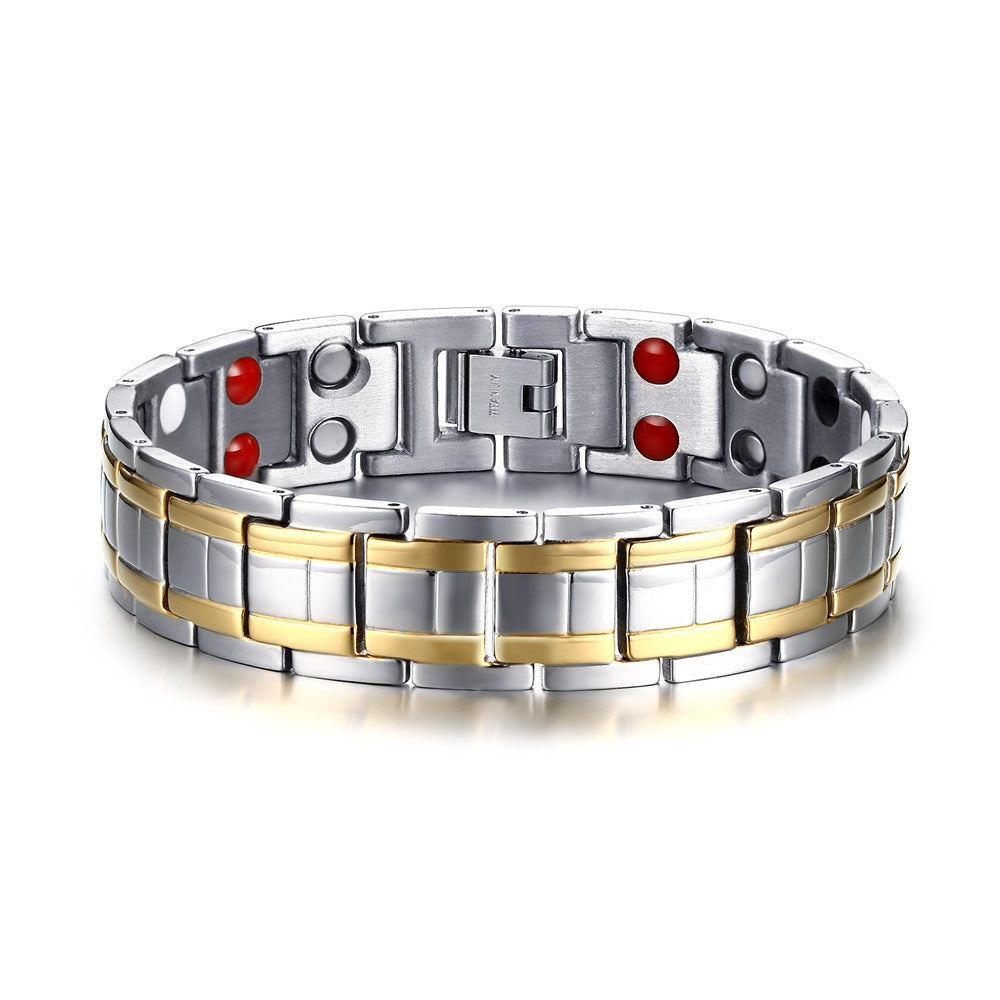 Titanium steel gold magnet bracelet featuring a double row design with intermediate gold and durable titanium construction.