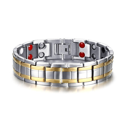 Titanium steel gold magnet bracelet featuring a double row design with intermediate gold and durable titanium construction.