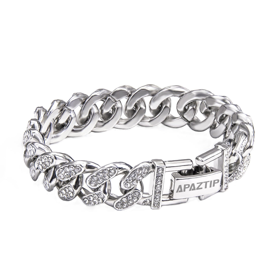 Iced out stainless steel cuban link bracelet with diamond embellishments and secure clasp from APaztip.