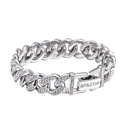 Iced out stainless steel cuban link bracelet with diamond embellishments and secure clasp from APaztip.