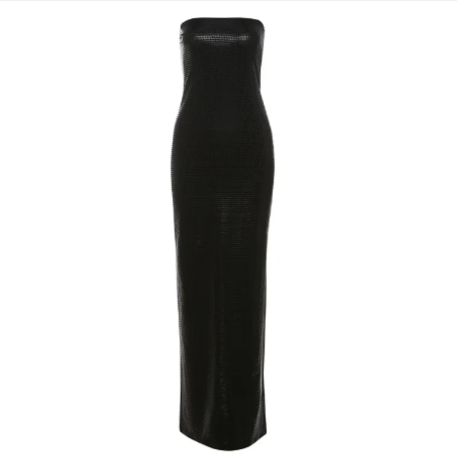 Elegant backless slim-fit tube top dress with side split, showcasing a sleek black design for bold style.