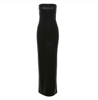 Elegant backless slim-fit tube top dress with side split, showcasing a sleek black design for bold style.