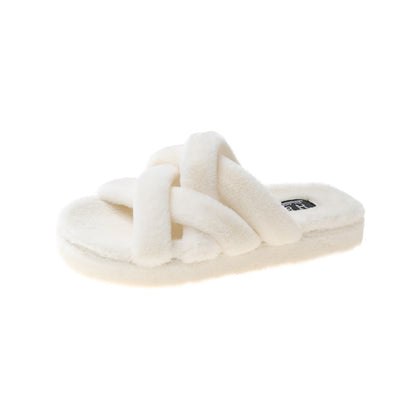 Thick Bottom Non-Slip Plush Muffin Slippers for Women in Beige color, showcasing comfort and style.