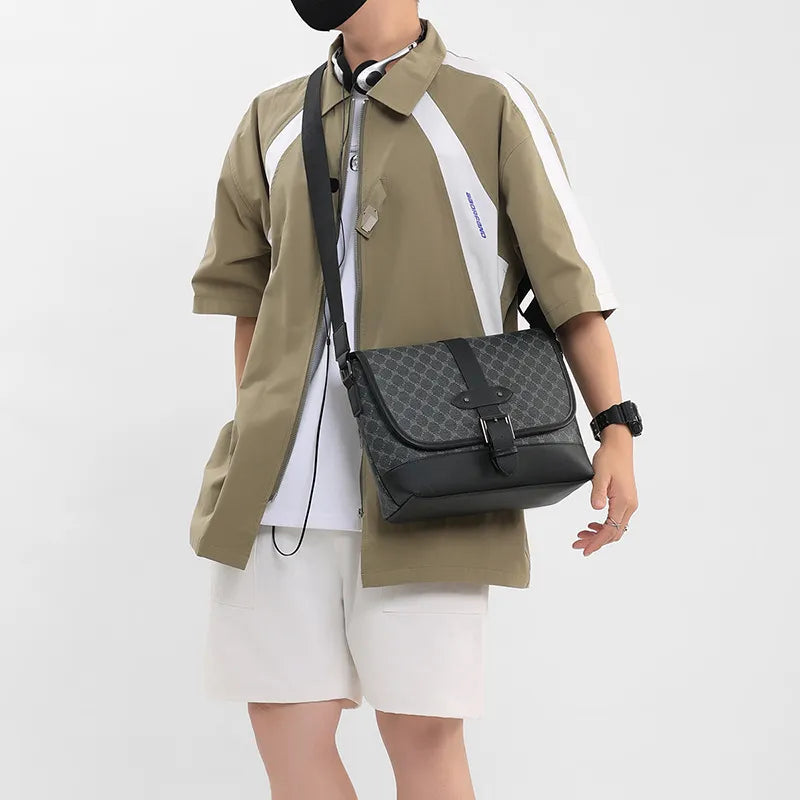 Man wearing a large capacity crossbody bag for men with a stylish outfit, perfect for everyday use.