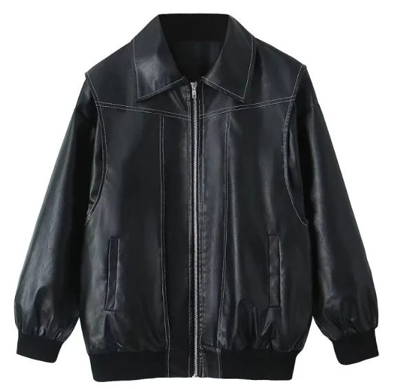 Loose Fashion Lapel Zip-up Jacket Cool Long Sleeve Zipper Closure Moto Biker Leather Jacket Women&