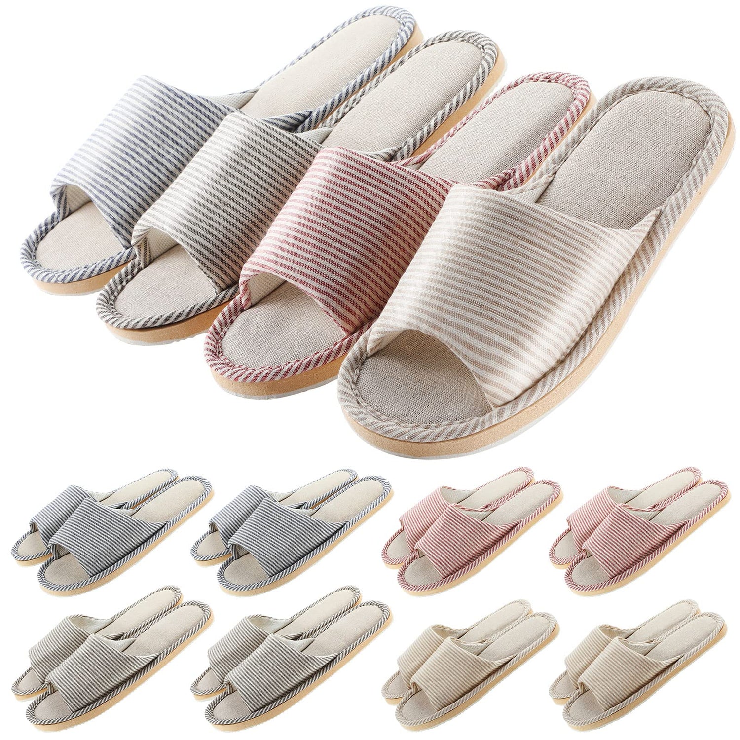 8 pairs of disposable open toe spa slippers in red, beige, navy, and coffee colors for guests.