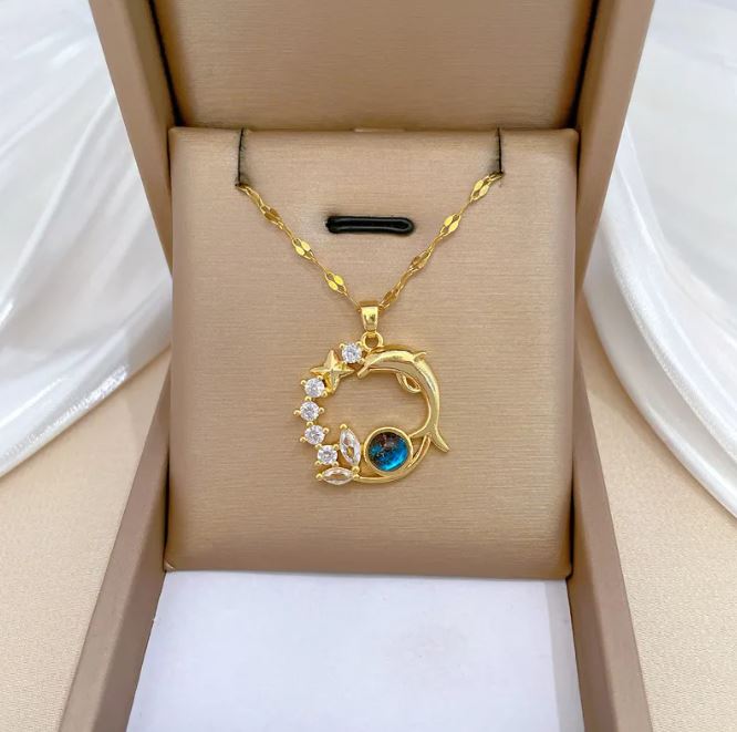 Dream Planet Necklace Stainless Steel Blue Butterfly displayed in a luxury jewelry box.